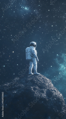 A single astronaut standing on the edge of a small asteroid, gazing out into space.