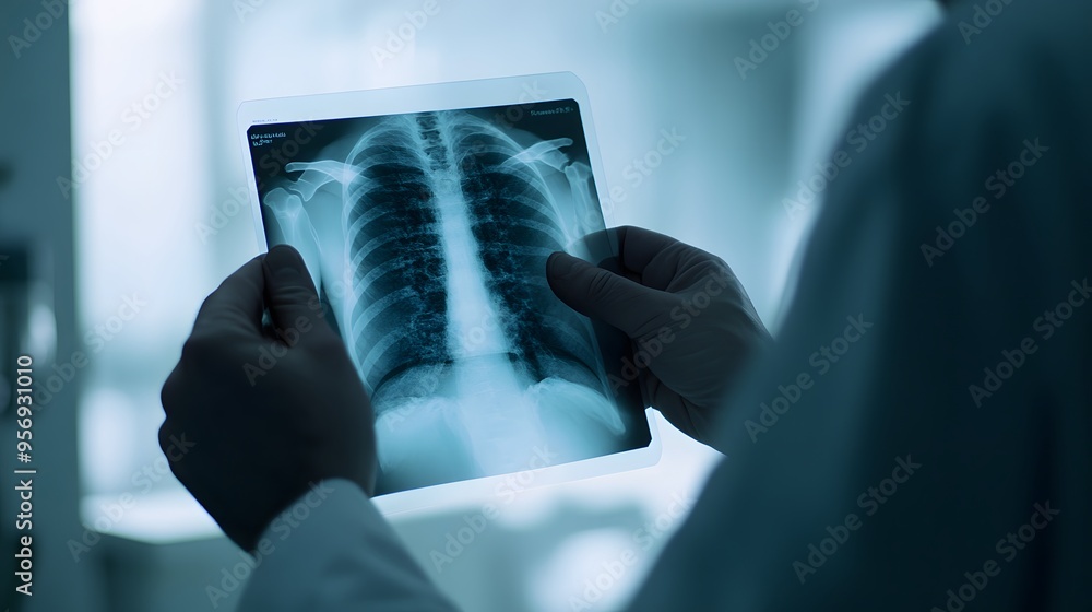 Examining X-ray: Doctor's hands holding and examining an X-ray film against a lightbox.
Examining X-ray: Doctor's hands holding and examining an X-ray film against a lightbox.