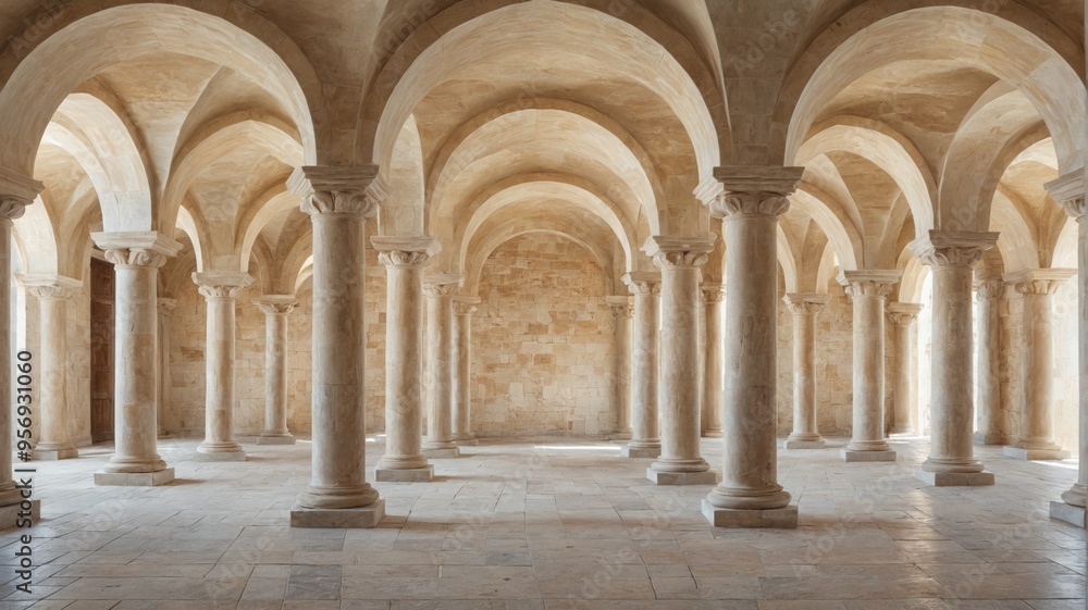 Long arched corridor multiple columns columns are made Romanesqu Long arched corridor multiple columns columns are made Romanesqu