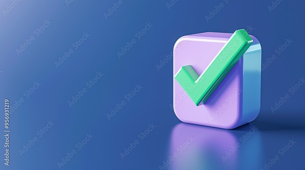3D purple checkbox icon with a green check mark on a blue background, symbolizing completion, validation, or agreement. 3D purple checkbox icon with a green check mark on a blue background, symbolizing completion, validation, or agreement.