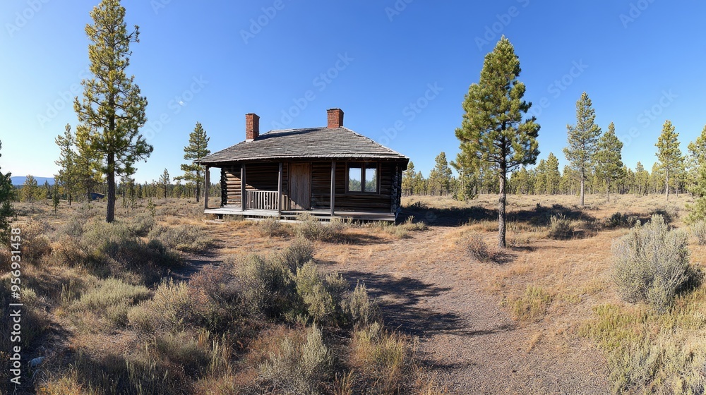An old log cabin stands amid tall pine trees, surrounded by lush greenery, with a bright blue sky overhead, capturing the essence of a perfect summer day in nature An old log cabin stands amid tall pine trees, surrounded by lush greenery, with a bright blue sky overhead, capturing the essence of a perfect summer day in nature