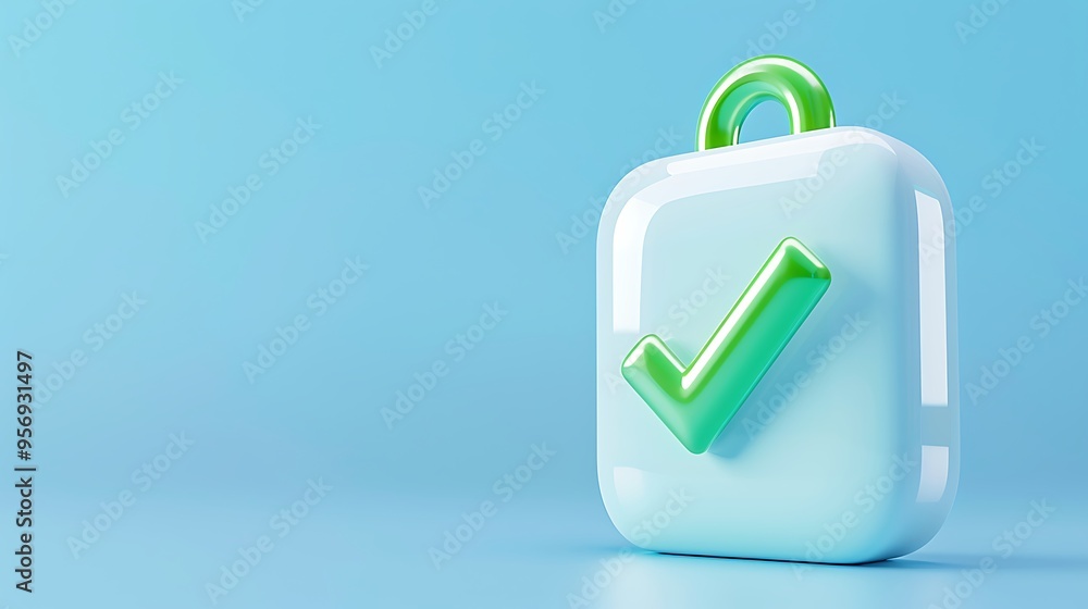 3D render of a white padlock with a green checkmark on blue background, symbolizing security, approval, and success. 3D render of a white padlock with a green checkmark on blue background, symbolizing security, approval, and success.