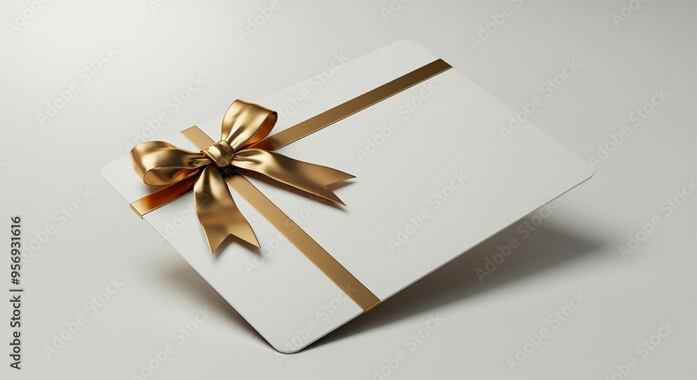 Gift card with golden ribbon and bow on a sleek background showcasing an elegant design for special occasions Gift card with golden ribbon and bow on a sleek background showcasing an elegant design for special occasions