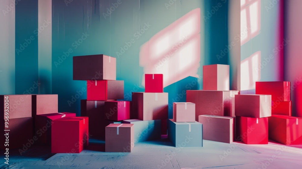 Fototapeta premium A collection of cardboard boxes, varying in size and color, arranged in an empty room with colorful light streaming in.