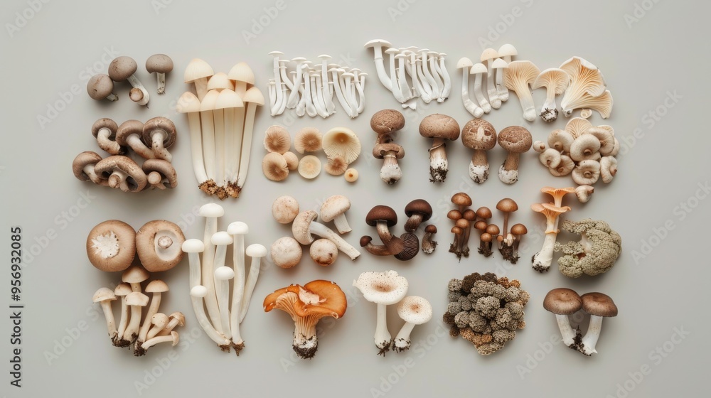 Aerial view of a diverse collection of mushrooms laid out neatly, highlighting their variety in form, color, and size. Aerial view of a diverse collection of mushrooms laid out neatly, highlighting their variety in form, color, and size.