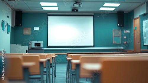 Empty Classroom with Projector and Screen photo