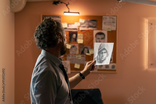 in the detective's office middle-aged investigator in a shirt and tie examines with a magnifying glass studies evidence examines clues in search of the culprit photofit route criminal's board photo