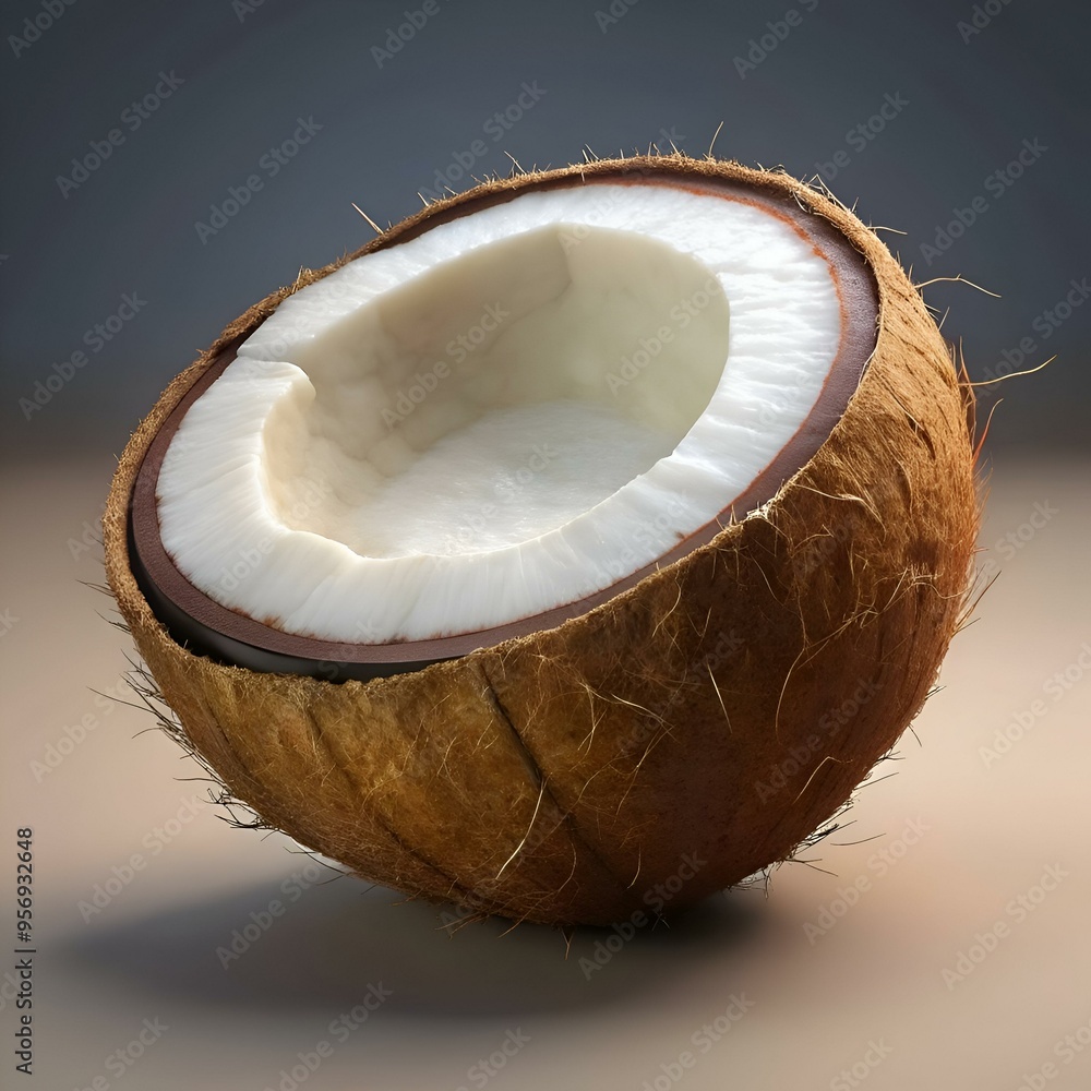 Close up image of a halved coconut. revealing its creamy white interior and textured brown shell. Close up image of a halved coconut. revealing its creamy white interior and textured brown shell.