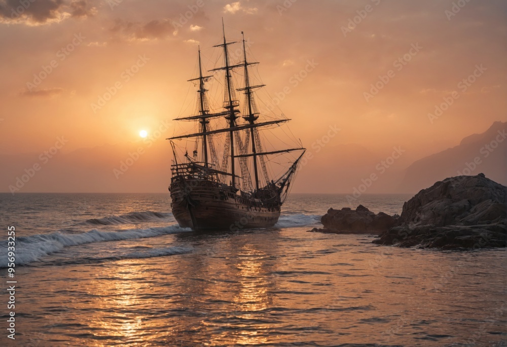 Photograph ship sailing ocean sunset tall multiple masts oil git Photograph ship sailing ocean sunset tall multiple masts oil git