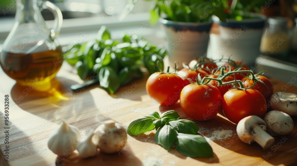 Fresh tomatoes, garlic, mushrooms, and basil arranged on a wooden cutting board in a sunlit kitchen. Fresh tomatoes, garlic, mushrooms, and basil arranged on a wooden cutting board in a sunlit kitchen.