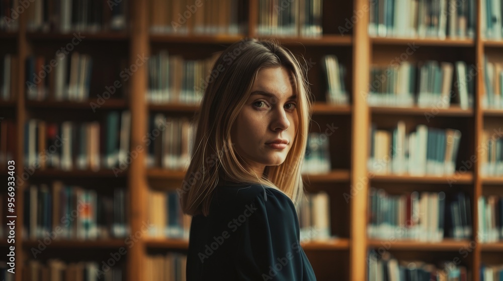 A contemplative woman stands in a library, surrounded by tall shelves filled with books, looking with a thoughtful gaze as golden light illuminates her. A contemplative woman stands in a library, surrounded by tall shelves filled with books, looking with a thoughtful gaze as golden light illuminates her.