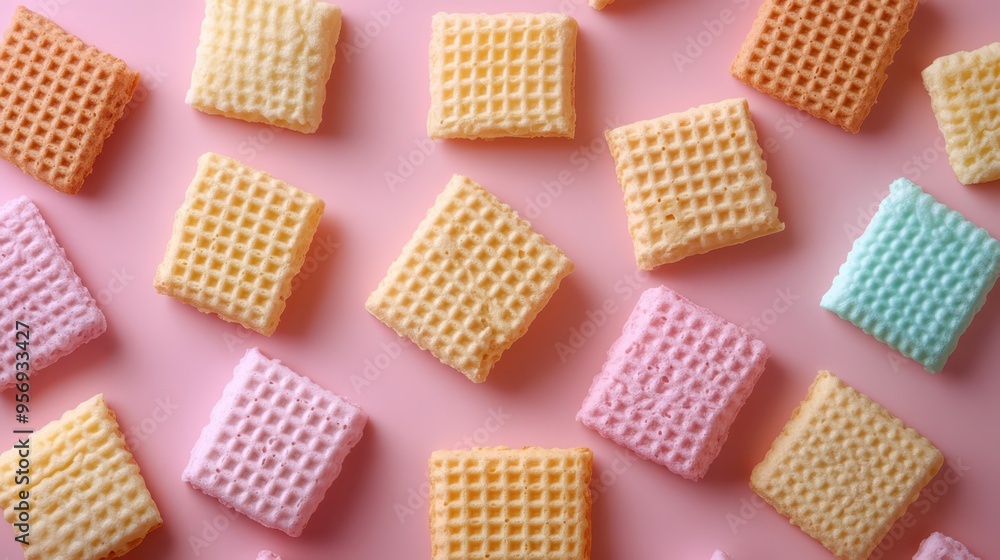 Colorful wafer squares arranged on a pastel pink surface Colorful wafer squares arranged on a pastel pink surface