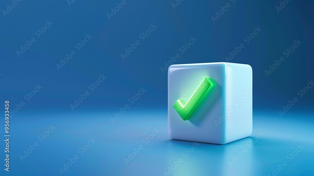 3D white cube with a glowing green check mark on a blue gradient background, symbolizing approval, completion, or success. 3D white cube with a glowing green check mark on a blue gradient background, symbolizing approval, completion, or success.