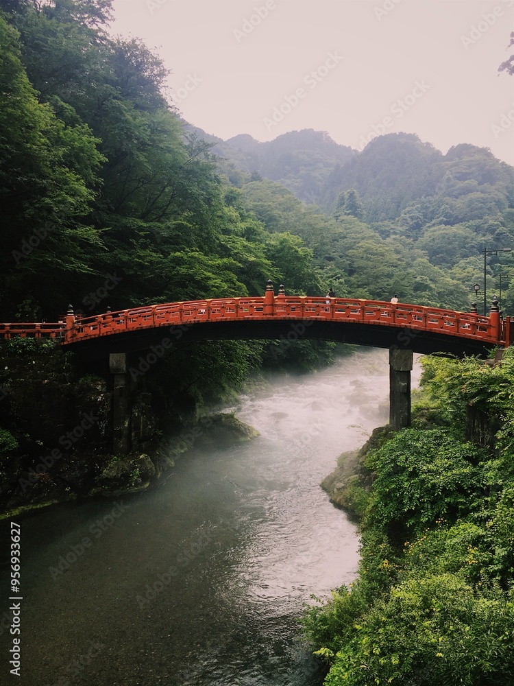 Shinkyo Bridge in Nikko, Japan. Traditional Japanese Red Bridge