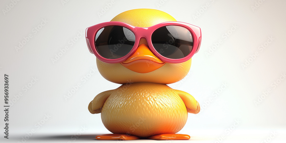 A cute cartoon duckling wearing pink sunglasses looks directly at the camera. A cute cartoon duckling wearing pink sunglasses looks directly at the camera.