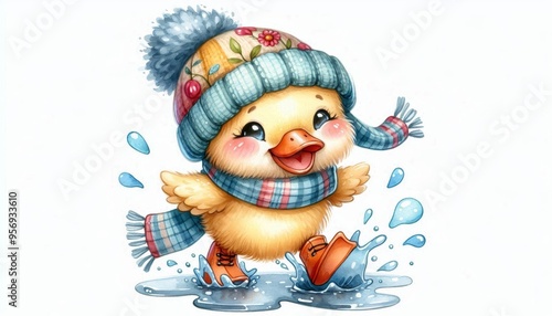 A cheerful duckling, wearing a cozy woolly hat and scarf, splashes gleefully in a puddle. This watercolor illustration captures the joy of childhood and the magic of winter.