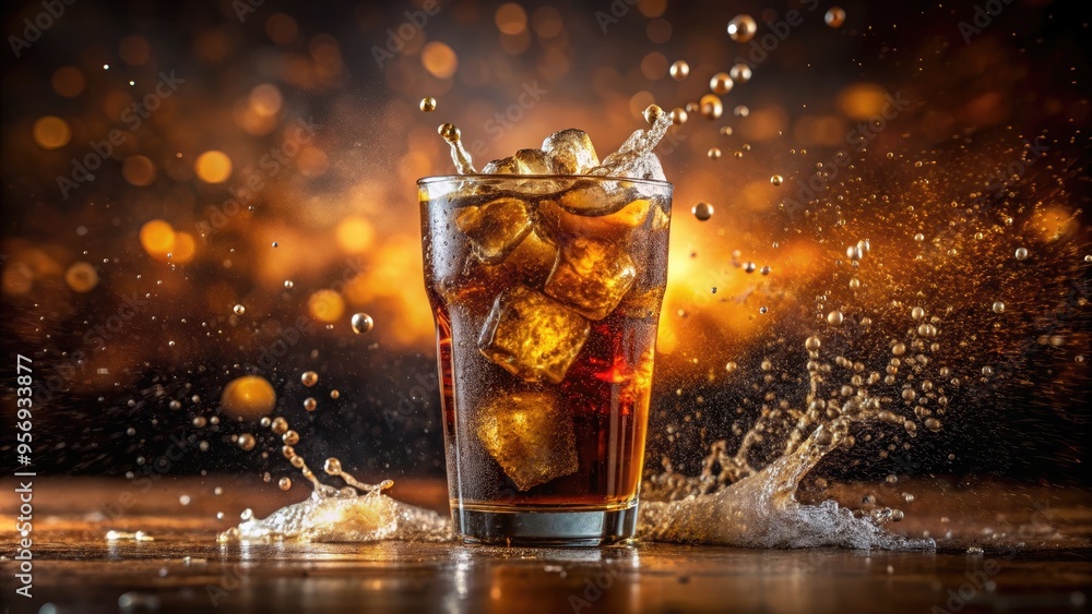 Fizzy brown soda fills a glass with ice and a splash of foam, surrounded by refreshing condensation droplets and a dimly lit background. Fizzy brown soda fills a glass with ice and a splash of foam, surrounded by refreshing condensation droplets and a dimly lit background.