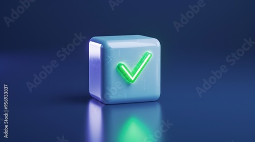 Wallpaper Mural A 3D rendered blue cube with a glowing green checkmark symbol, placed against a dark blue background, symbolizing approval or success. Torontodigital.ca