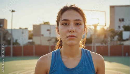 Portrait young woman standing basketball court She wearing Cinem photo