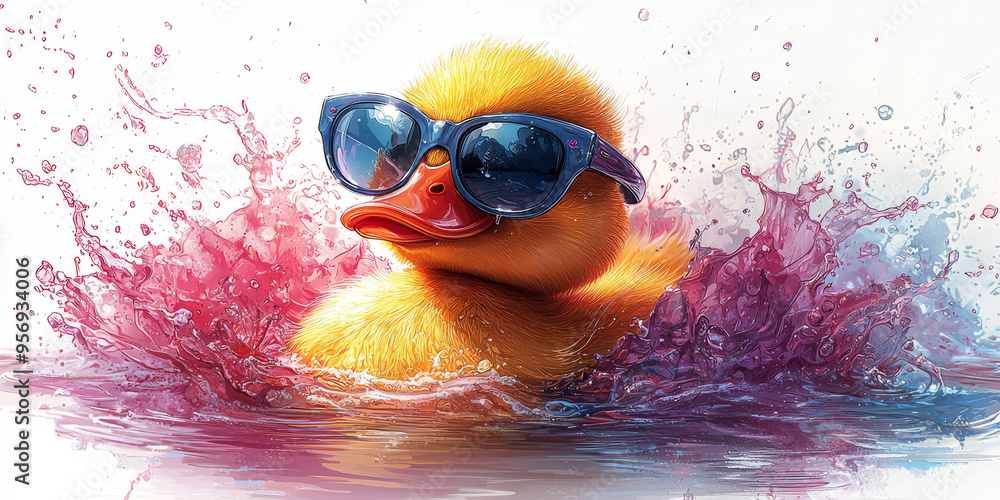 Naklejka premium A cool duckling with sunglasses swims in a pool with pink and blue splashes.