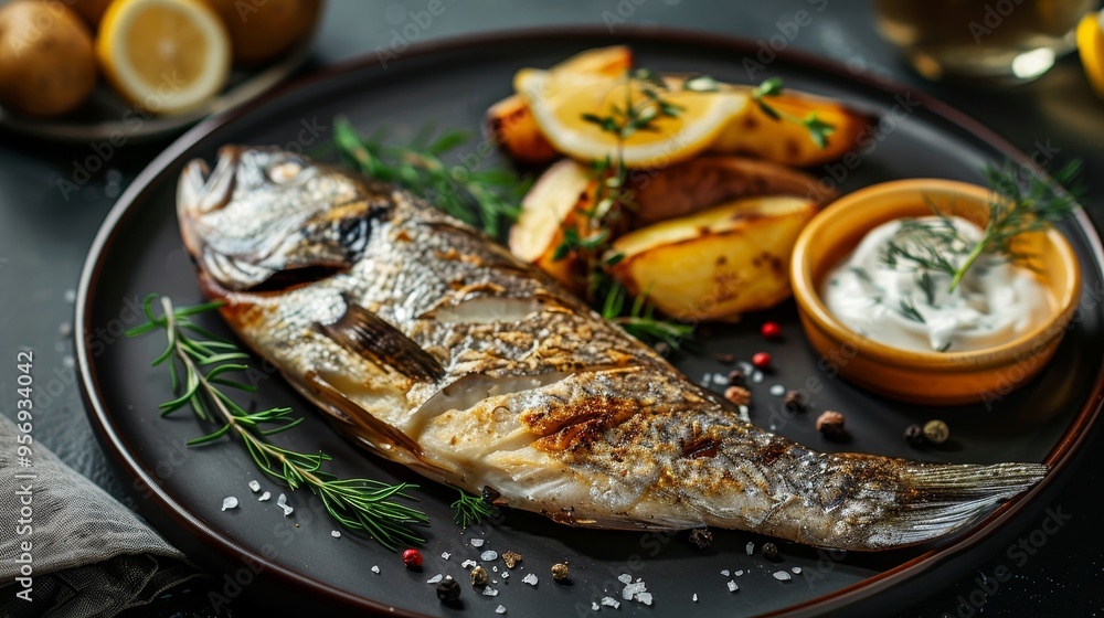 Elegant presentation of golden brown dorado fish with thyme, lemon, dill cream, and baby potatoes Elegant presentation of golden brown dorado fish with thyme, lemon, dill cream, and baby potatoes