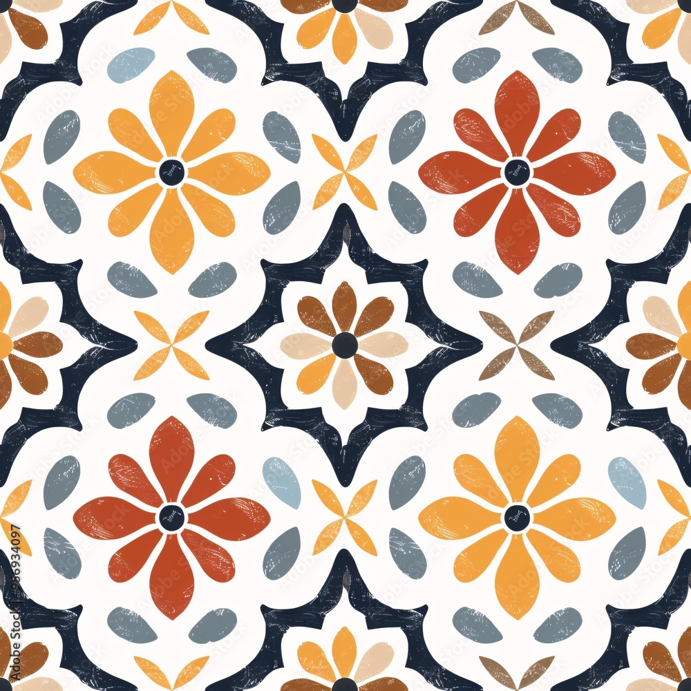 Rustic Floral Tile Harmony: A seamless pattern of warm-toned flowers in a Mediterranean-inspired tile design. Rustic Floral Tile Harmony: A seamless pattern of warm-toned flowers in a Mediterranean-inspired tile design.