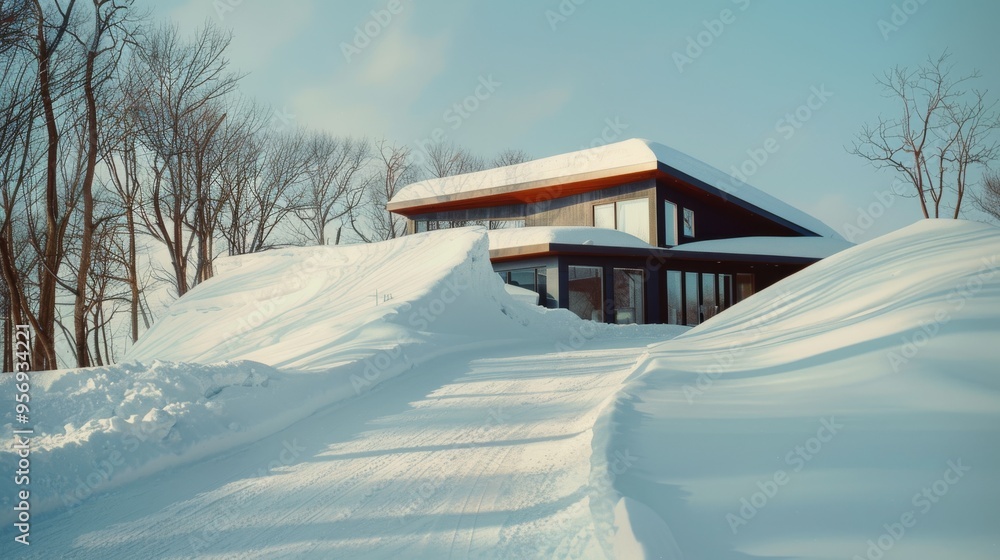 A modern house partially buried in pristine snow, with winding paths and winter shadows as dusk approaches. A modern house partially buried in pristine snow, with winding paths and winter shadows as dusk approaches.