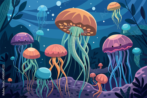 Colorful jellyfish swimming in ocean depths illustration