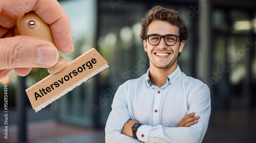 Ein Holzstempel ist beschriftet mit dem Aufdruck: Altersvorsorge über dem Bild eines jungen Mannes  – FOTOMONTAGE photo