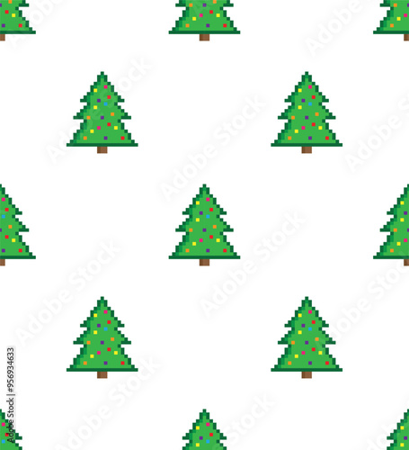 pixel christmas tree Seamless Pattern vector winter background pixel art for 8 bit game