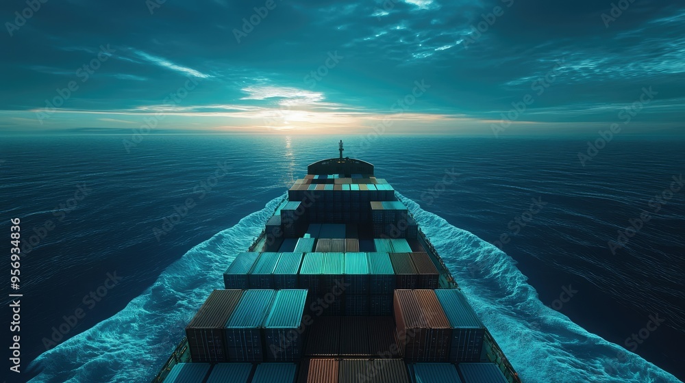 Rear perspective of a cargo ship with containers stacked in the deep ...