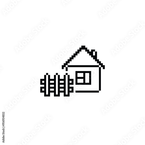pixel house with fence  icon. home sign pixel art icon vector 8 bit game