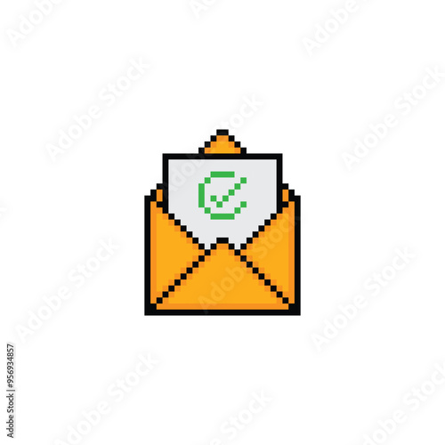 pixel envelope with approved Green check mark yes sign pixel art icon vector 8 bit game