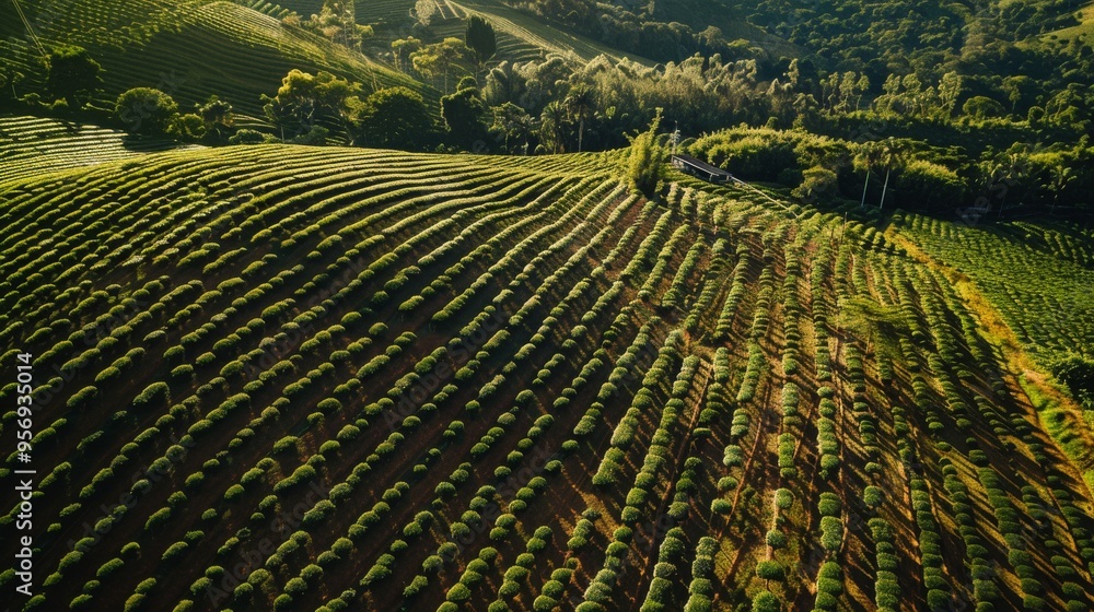 Fototapeta premium Sunlit terraced fields stretch over rolling hills, displaying meticulously planted rows and providing a verdant tapestry of agriculture and nature.