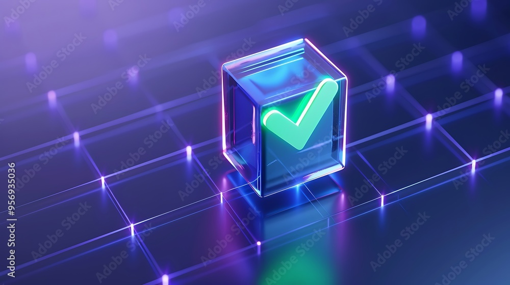 A futuristic 3D rendering of a glowing check mark in a transparent box on a digital grid background, symbolizing validation or approval. A futuristic 3D rendering of a glowing check mark in a transparent box on a digital grid background, symbolizing validation or approval.