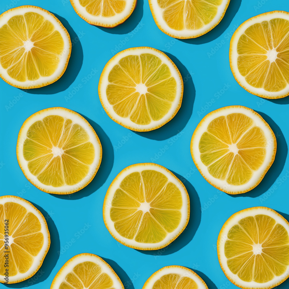 Seamless pattern background Yellow Lemon slices on blue color background Seamless pattern background Yellow Lemon slices on blue color background