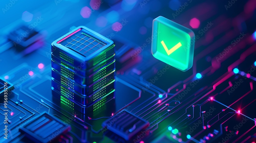 A futuristic depiction of cybersecurity featuring a glowing microchip and a green checkmark symbolizing successful validation. A futuristic depiction of cybersecurity featuring a glowing microchip and a green checkmark symbolizing successful validation.