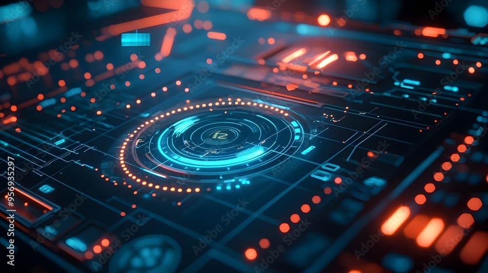 Obraz premium Futuristic Digital Holographic Interface with Glowing Data Grids and High-tech Visuals