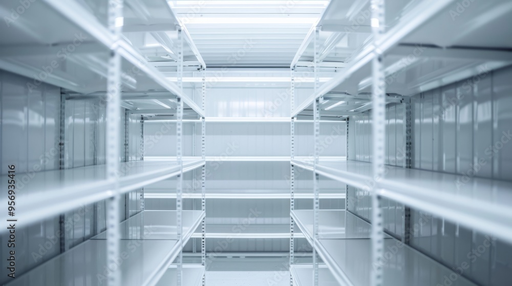 Obraz premium Empty shelves in a well-lit storage room create a minimalist and industrial atmosphere.