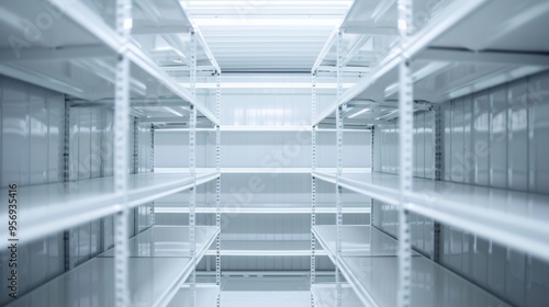 Empty shelves in a well-lit storage room create a minimalist and industrial atmosphere.