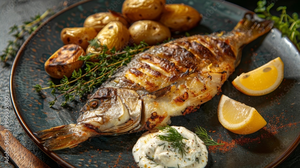 Exquisite presentation of golden brown dorado with thyme, lemon, dill cream, and baby potatoes Exquisite presentation of golden brown dorado with thyme, lemon, dill cream, and baby potatoes
