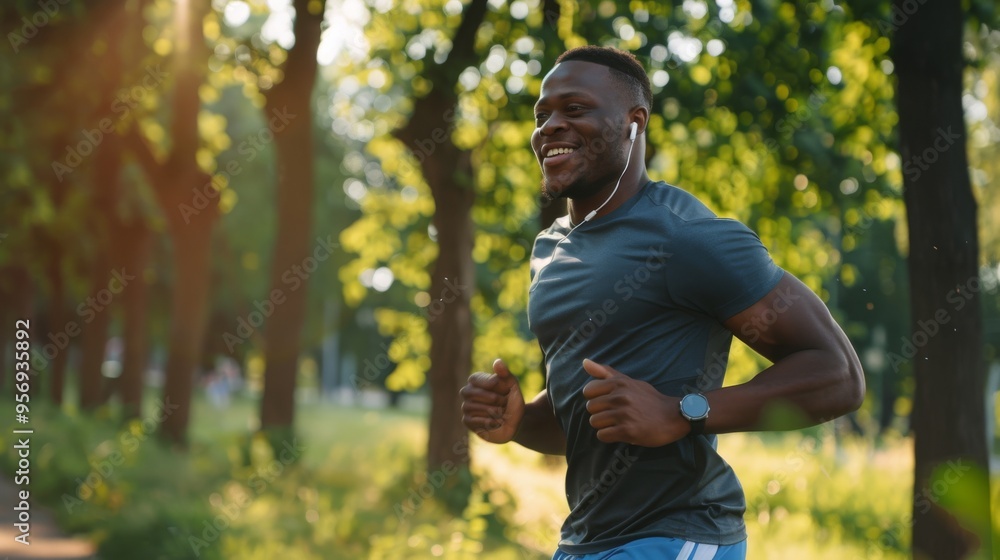 A man running energetically along a sunny, tree-lined path, listening to music with earphones, surrounded by natural beauty. A man running energetically along a sunny, tree-lined path, listening to music with earphones, surrounded by natural beauty.