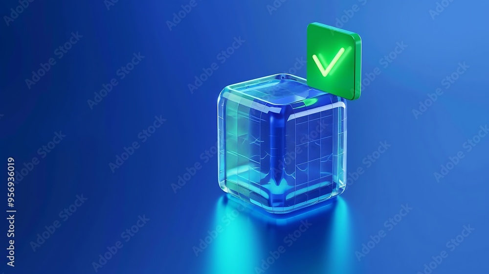 A glowing blue 3D cube with a green check mark on top, representing approval or verification, set against a blue background. A glowing blue 3D cube with a green check mark on top, representing approval or verification, set against a blue background.