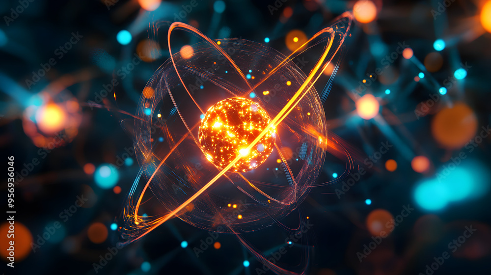 Atom energy concept background, clean power, digital blue science design. Technology and research 3d illustration