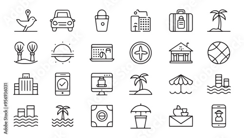 Resort Hotel web icons in line style. Wellness, beach, tourism, hotel, passport, maps, spa, landscape, camera related icon set vector illustration photo