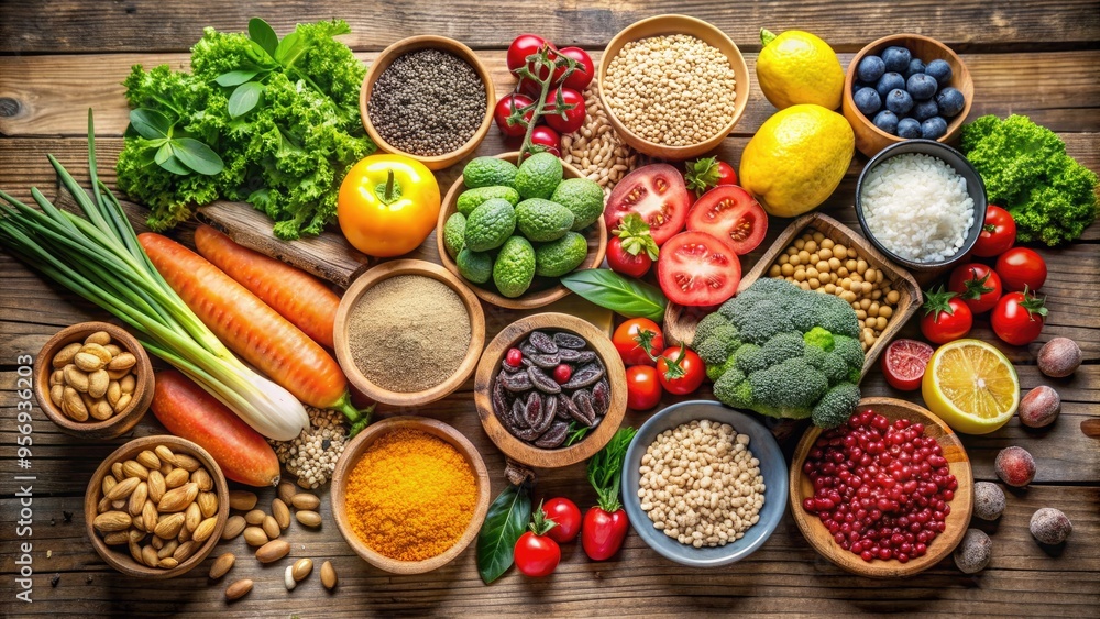 Fresh fruits, vegetables, whole grains, and lean proteins arranged artfully on a wooden table, representing a balanced and nutritious diet for overall wellness. Fresh fruits, vegetables, whole grains, and lean proteins arranged artfully on a wooden table, representing a balanced and nutritious diet for overall wellness.