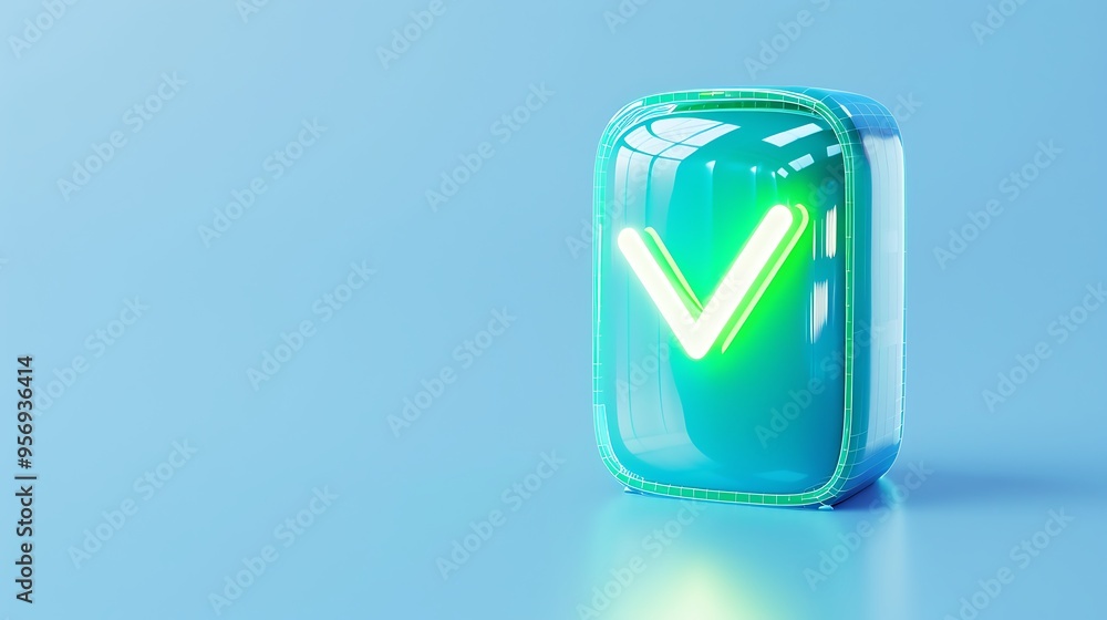 A glowing green checkmark button on a blue background, symbolizing confirmation, approval, and success in a modern, digital style. A glowing green checkmark button on a blue background, symbolizing confirmation, approval, and success in a modern, digital style.