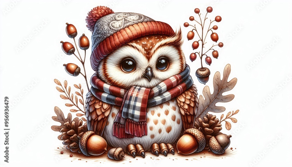 Obraz premium A charming watercolor illustration of a cute owl wearing a cozy red hat and scarf, surrounded by acorns and autumn foliage. The owl's big eyes and soft feathers convey a sense of warmth and cuteness.