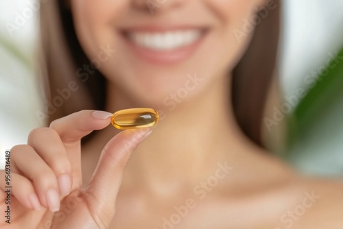 A woman holding a golden supplement capsule, promoting health and wellness with a cheerful smile in a natural setting. photo