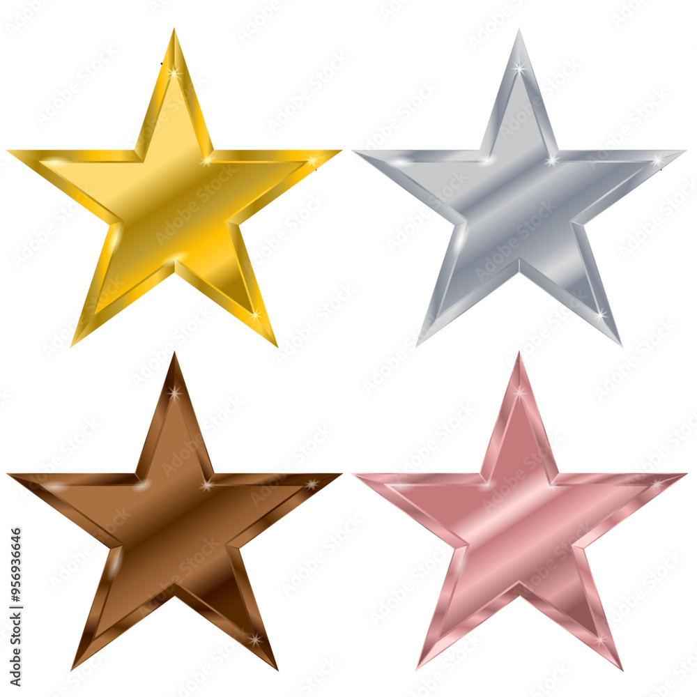 Set of Metallic coloured stars in Gold, Silver, Bronze and Rose Gold with gradient fills Set of Metallic coloured stars in Gold, Silver, Bronze and Rose Gold with gradient fills